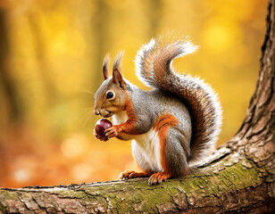 Naklejka na ściany i meble A squirrel holding a nut. Animals in the autumn forest. Wildlife background