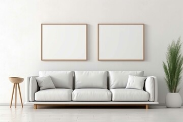 sofa near wall with empty picture frames, in style of minimalistic flat photo realistic