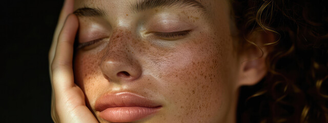 Fototapeta premium Clean and Fresh: A Close-up Portrait of a Young Woman with Freckles, showcasing Natural Beauty and Healthy Skin in a Studio Shot