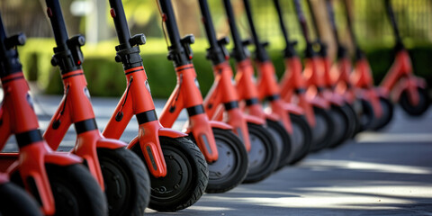 A Fleet Of Sleek, Red Electric Scooters Lined Up For Convenient Rentals. Сoncept Urban Bicycles With Basket, Serene Beach Landscape, Vibrant Street Art, Cozy Coffee Shop Ambiance