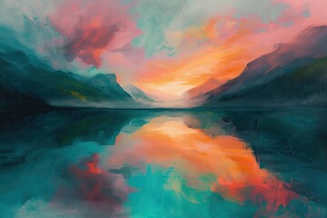 An abstract landscape that conveys the concept of a sunrise over a mountain lake with pink and orange clouds reflecting in the still, turquoise water