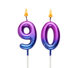 Burning birthday cake candles isolated on white background. Number 90.	