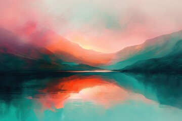 An abstract landscape that conveys the concept of a sunrise over a mountain lake with pink and orange clouds reflecting in the still, turquoise water - obrazy, fototapety, plakaty
