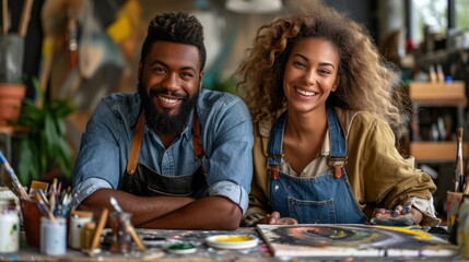 smiling multiethnic couple in their painting workshop - obrazy, fototapety, plakaty