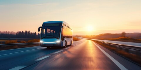 Capturing The Journey: An Electric Tourist Bus Glides Through The Road. Сoncept Cityscape Adventures, Sustainable Tourism, Futuristic Travel, Exploring Landmarks, Green Transportation