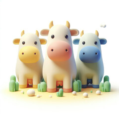 Three Cute Cartoon Cows. 3D Cartoon Clay Illustration on a light background.