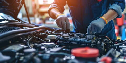 Car Mechanic Repairing Car Battery And Checking Electrical System In Auto Repair Shop. Сoncept Car Battery Repair, Electrical System Check, Auto Repair Shop, Car Mechanic - obrazy, fototapety, plakaty