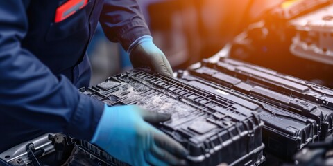 Closeup Of Technicians Gloved Hands Inspecting An Open Lithiumion Car Battery, Ready For Repair. Сoncept Car Battery Inspection, Technician Hands, Lithium-Ion Battery, Repair, Close-Up
