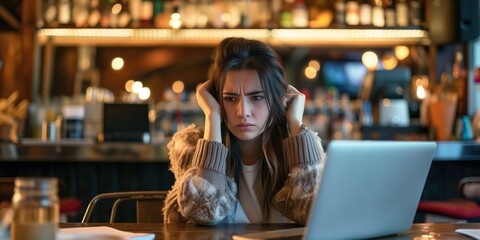 Woman's Struggle With Laptop In Noisy Bar Leads To Frustration. Сoncept Work-Life Balance, Technological Challenges, Noise Pollution, Frustration, Adaptability - obrazy, fototapety, plakaty