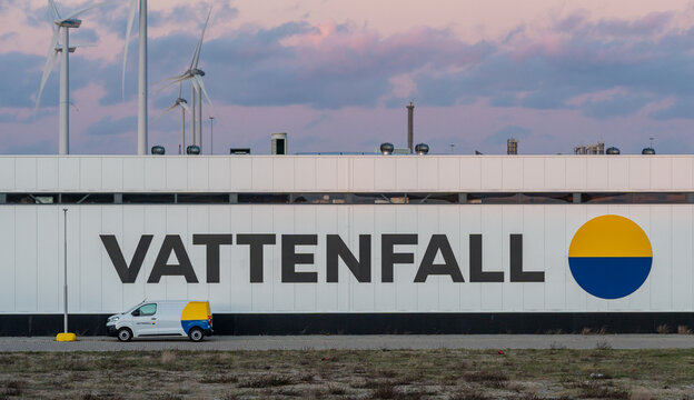 Ijmuiden, The Netherlands, 19.01.2024, Vattenfall company sign and logo on the building exterior