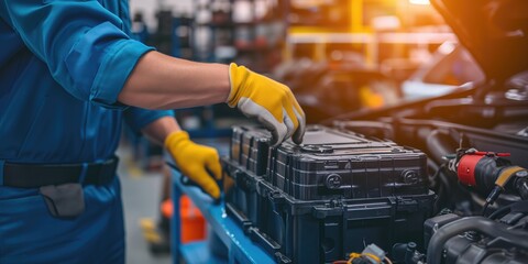 Mechanic Picks Up New Battery From Service Center For Car Battery Replacements. Сoncept Car Battery Replacements, Service Center Visits, Mechanic's Tasks, New Battery Installation
