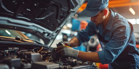 Expert Mechanic Performing Precise Electrical System Maintenance On Vehicles At Auto Repair Workshop. Сoncept Vehicle Electrical System Maintenance, Expert Mechanic, Auto Repair Workshop