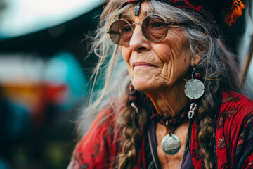 Portrait of old woman with long gray hair, with glasses, wearing bright colored informal psychedelic clothes in gypsy or hippie style. Concepts: wisdom, freedom. active longevity, health, ethnic flavo - obrazy, fototapety, plakaty