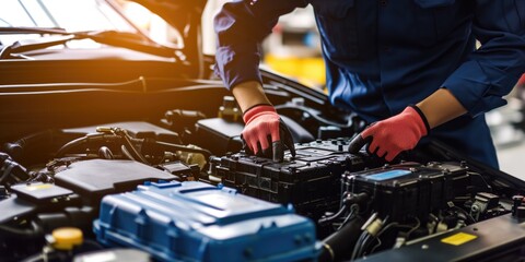 Skilled Technician Inspecting And Maintaining Car Battery For Optimal Electrical Performance. Сoncept Battery Maintenance, Electrical Performance Optimization, Car Battery Inspection - obrazy, fototapety, plakaty