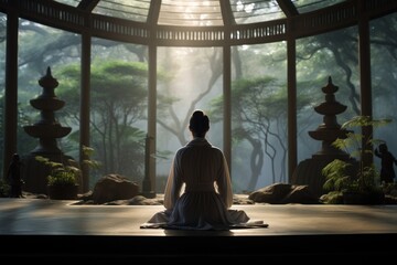 A girl meditates in a spacious room with panoramic floor-to-ceiling windows overlooking nature. Yoga and meditation class concept