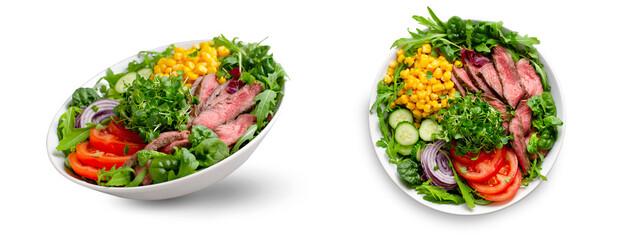 Beef steak and Fresh Vegetables Buddha Bowl on White Background