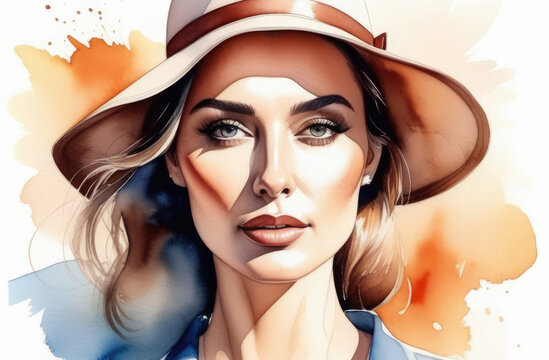 closeup on face of young attractive caucasian girl in hat, colorful watercolor illustration