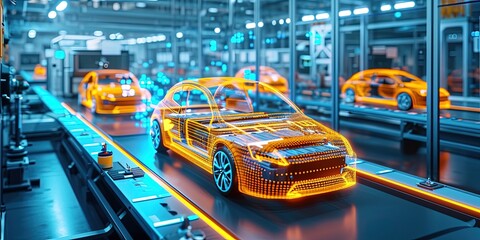 A Vibrant Depiction Of A Hightech Factory Assembling Electric Vehicle Battery Packs. Сoncept Green Energy Innovation, Advanced Manufacturing, Sustainable Technology, Auto Industry Evolution - obrazy, fototapety, plakaty