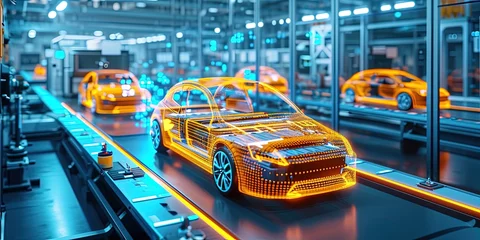Fotobehang A Vibrant Depiction Of A Hightech Factory Assembling Electric Vehicle Battery Packs. Сoncept Green Energy Innovation, Advanced Manufacturing, Sustainable Technology, Auto Industry Evolution © Ян Заболотний