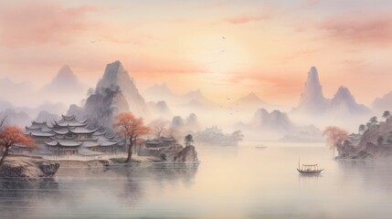 Traditional Chinese landscape painting, featuring majestic mountains shrouded in mist and a serene lake reflecting the soft glow of a large setting sun - obrazy, fototapety, plakaty