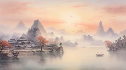 Papier Peint photo autocollant Réflexion Traditional Chinese landscape painting, featuring majestic mountains shrouded in mist and a serene lake reflecting the soft glow of a large setting sun