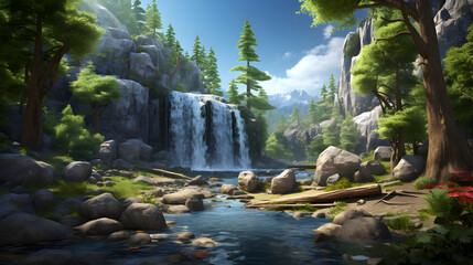 Beautiful summer mountain landscape with a river background,,
A waterfall in a forest with a mountain in the background