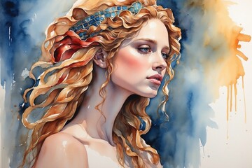 "Experience the beauty and tragedy of Helen of Troy through a stunning watercolor portrait, capturing her ethereal features and the turmoil of her fate."