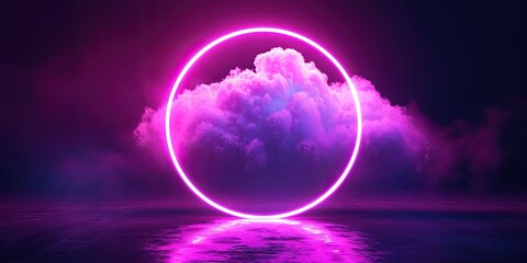 Cloud Illuminated With Neon Purple Light Ring On Dark Round Frame. Сoncept Night Sky With Milky Way, Sunset Over The Ocean, Forest In Autumn, City Skyline At Dusk