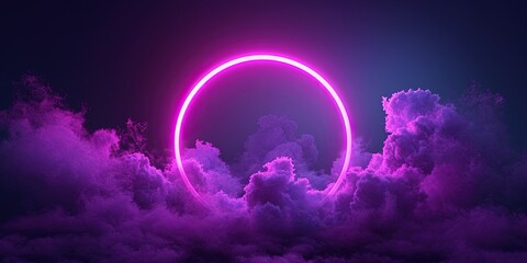 Cloud Illuminated With Neon Violet Light Ring On Dark Round Frame. Сoncept Night Sky Photography, Neon Light Art, Cosmic Atmosphere, Celestial Beauty - obrazy, fototapety, plakaty