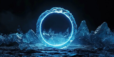Ice Illuminated With Neon Blue Light Ring On Dark Round Frame. Сoncept Light Painting, Neon Effects, Creative Photography, Abstract Art, Glow In The Dark - obrazy, fototapety, plakaty