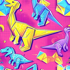 Cute origami dinosaur cartoon repeat pattern