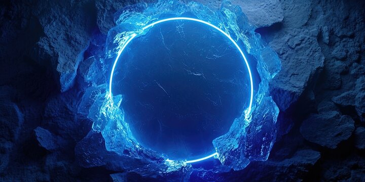Ice Illuminated With Neon Indigo Light Ring On Dark Round Frame. Сoncept Glowing Ice Sculptures, Neon Indigo Light Art, Dark And Dreamy Photography, Frozen Beauty