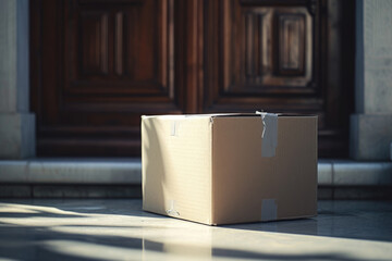 a box package standing in front of a door