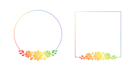 Rainbow floral frame template set. Pride Month Frame Border Design Element. Vector art with flowers and leaves. - obrazy, fototapety, plakaty