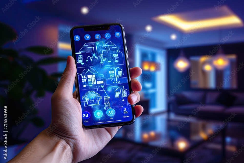 Poster smart home setup control from your phone or tablet. a modern living space equipped with smart home d