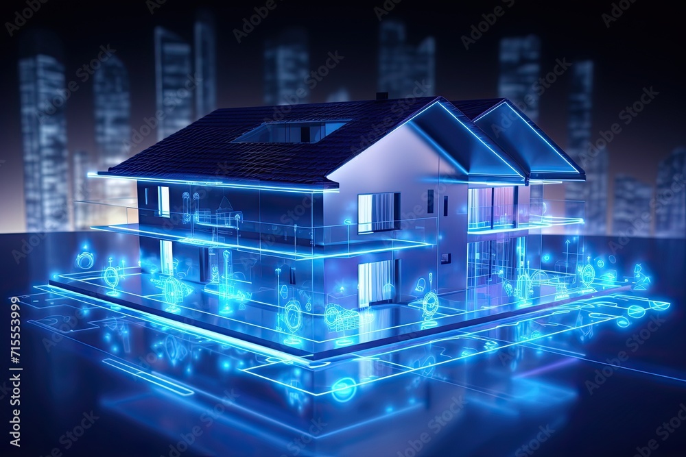 Poster smart home setup. a modern living space equipped with smart home devices like smart lights, tv and v