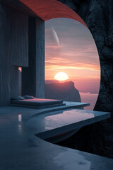 A view of a futuristic bedroom sitting on top of a spaceship.