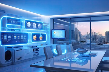 smart home setup. A modern living space equipped with smart home devices like smart lights, tv and voice - controlled assistants. Smart home interior with augmented reality. AI generative.
