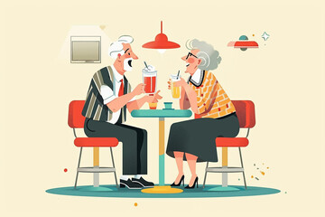 A joyful elderly couple sharing a milkshake at a retro diner, elderly people drawings, flat illustration