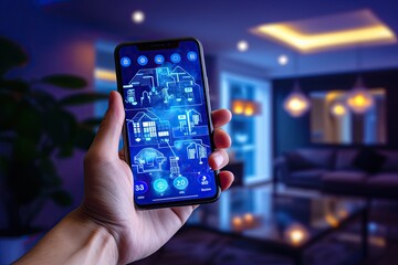 Smart home setup Control from your phone or tablet. A modern living space equipped with smart home devices like smart lights, tv and voice - controlled assistants. AI generative