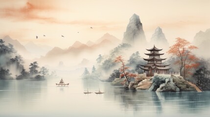 Traditional Chinese landscape painting, featuring majestic mountains shrouded in mist and a serene lake reflecting the soft glow of a large setting sun