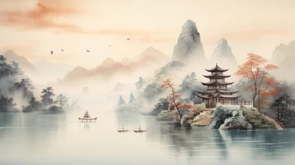Fototapete Reflection Traditional Chinese landscape painting, featuring majestic mountains shrouded in mist and a serene lake reflecting the soft glow of a large setting sun
