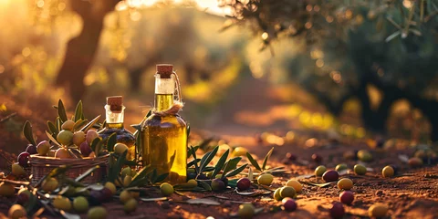 Poster Bottles of handmade olive oil with olives as decoration around them and an olive grove in the background in the afternoon sun. © L.S.