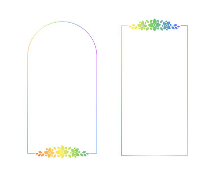 Rainbow floral vertical frame template set. Pride Month Frame Border Design Element. Vector art with flowers and leaves.