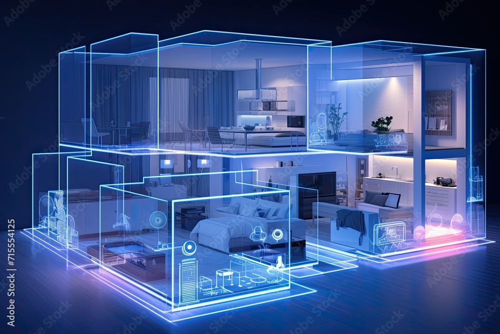 Poster smart home setup. a modern living space equipped with smart home devices like smart lights, tv and v