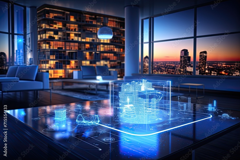 Poster smart home setup. a modern living space equipped with smart home devices like smart lights, tv and v
