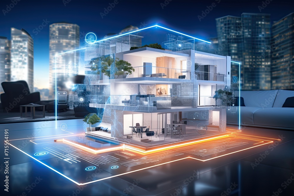 Poster smart home setup. a modern living space equipped with smart home devices like smart lights, tv and v