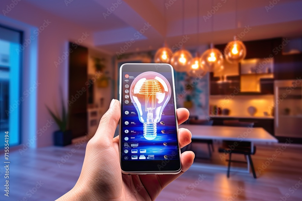 Poster smart home setup control from your phone or tablet. a modern living space equipped with smart home d