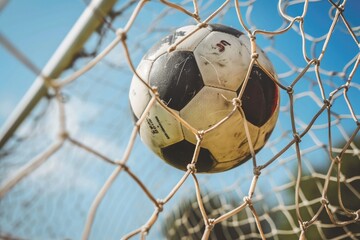 close up of a football in a net