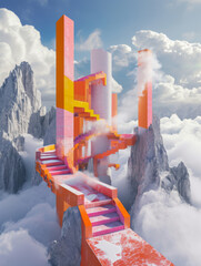 A  colorful structure is built between the mountains and clouds.